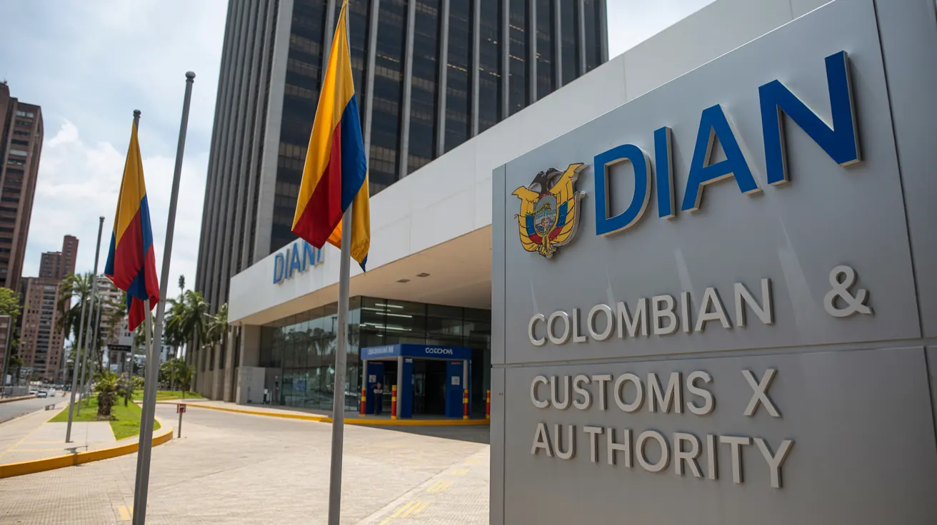 Edificio de la DIAN en Colombia con banderas