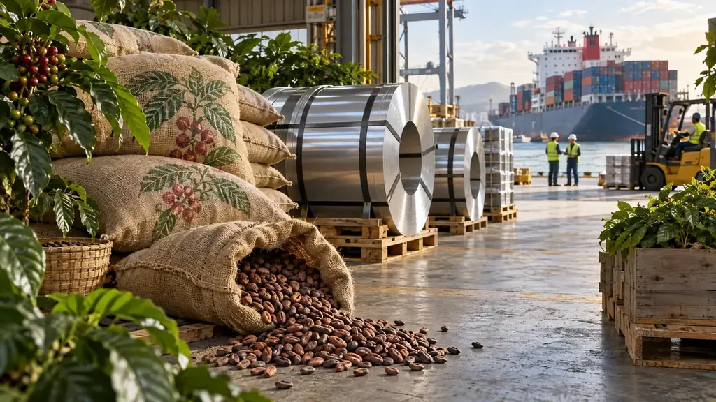 Sacos de café colombiano y granos de cacao junto a bobinas de acero en una bodega portuaria