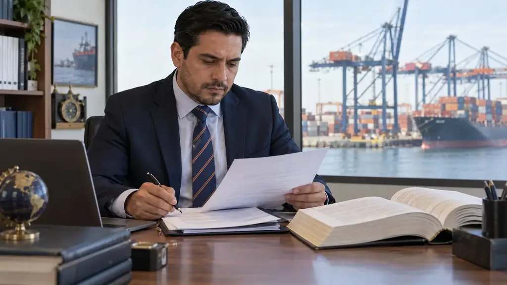 Profesional revisando documentos aduaneros y un código legal con un puerto de contenedores al fondo