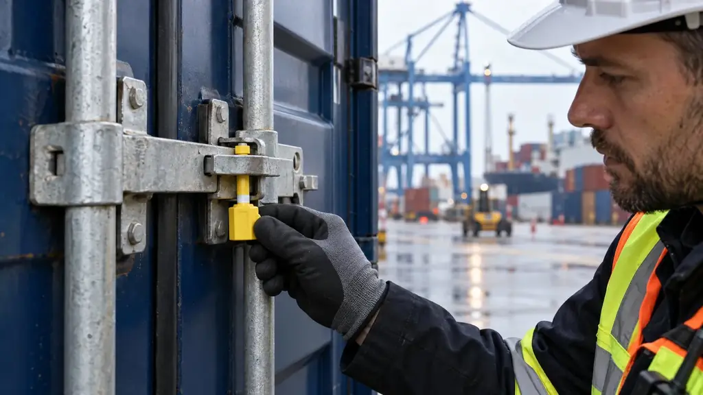Oficial de seguridad inspeccionando el sello de alta seguridad de un contenedor en el puerto