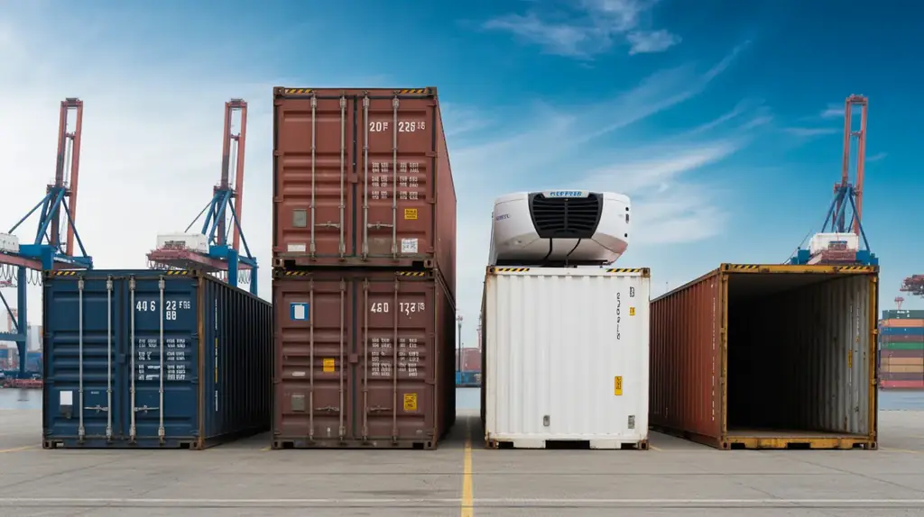 Diferentes tipos de contenedores marítimos en terminal portuario